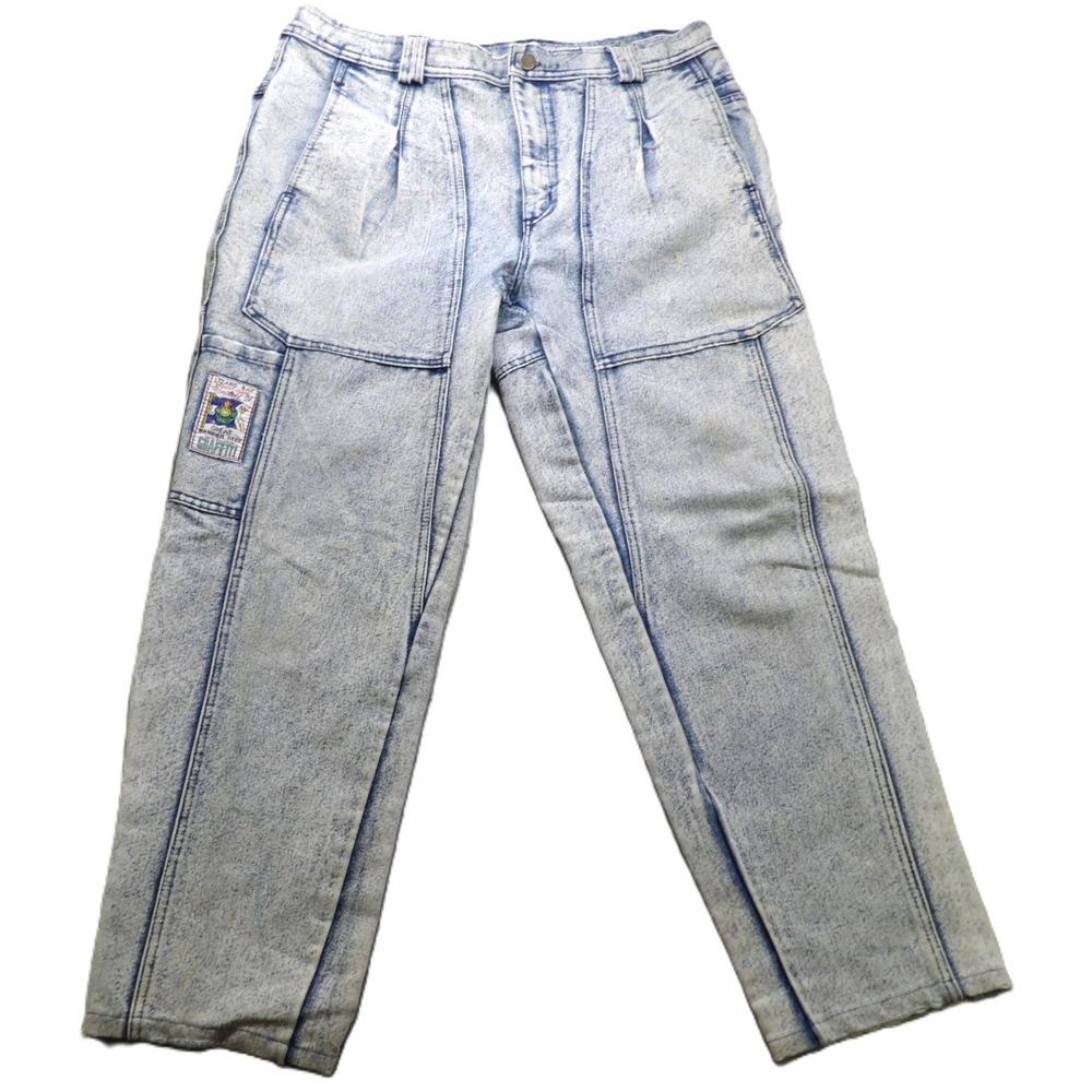 VTG 80s Graffiti Classic Men W36 L34 Acid Wash Pleated Cargo Jeans Baggy Utility